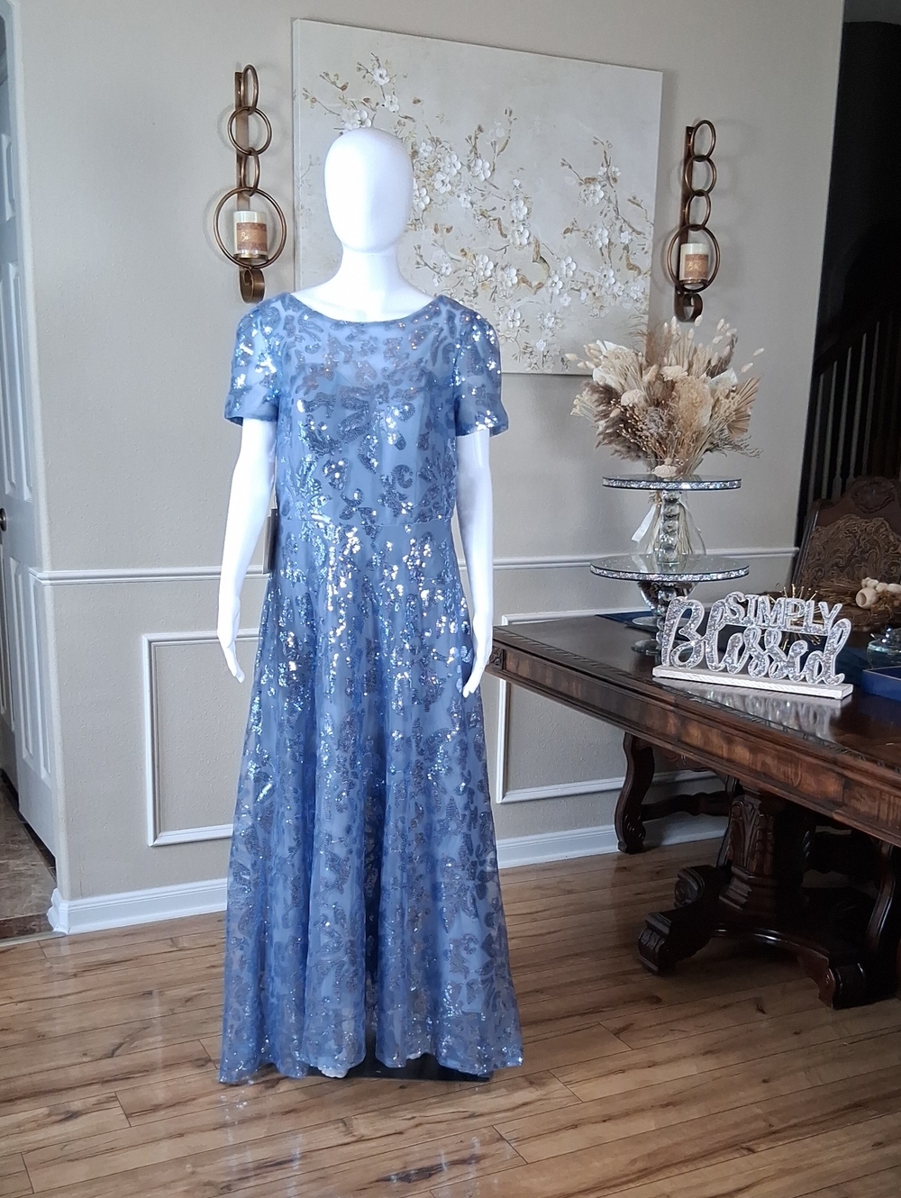 New Women's Dusty Blue Sequin Lace Evening Formal High Low Dress Size 14 - Picture 6 of 16